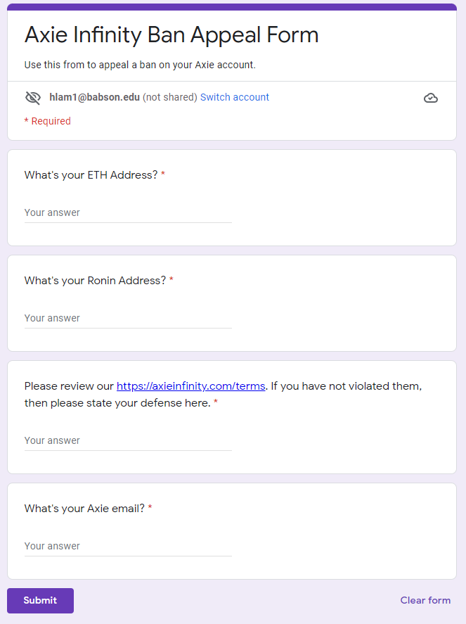 The Axie ban appeal form is a very new addition - in the past users could not appeal their ban